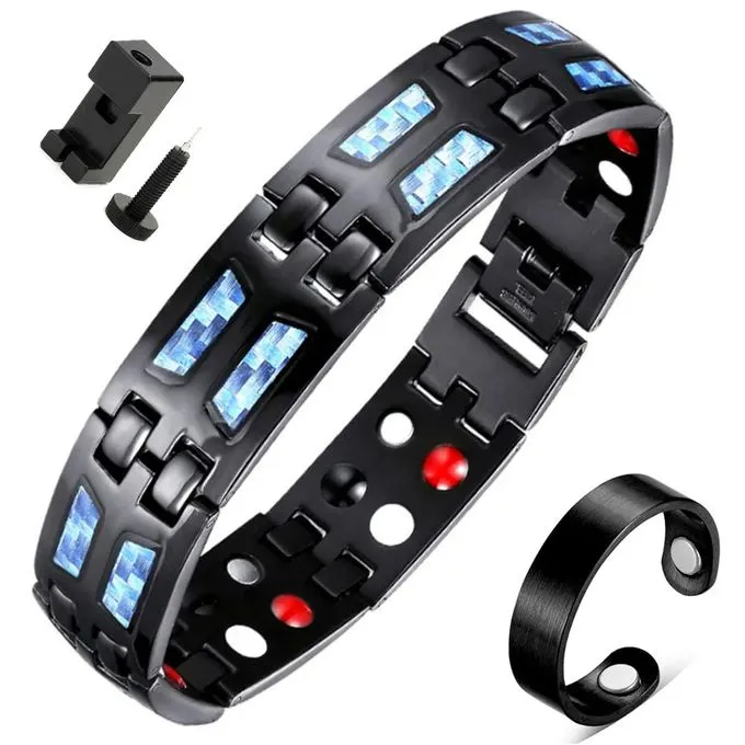 Bracelet Thérapie Magnétique Titane Bleu Carbone Anneaux Gratuits Uniques Double Rangée Pièces ​Boulangerie Pâtisserie Pain Levain Viennoiseries